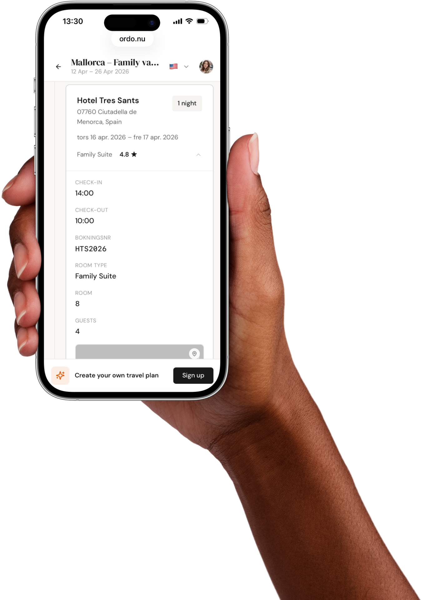 Ordo app som visar en hotellbokning för en familjesemester på Mallorca