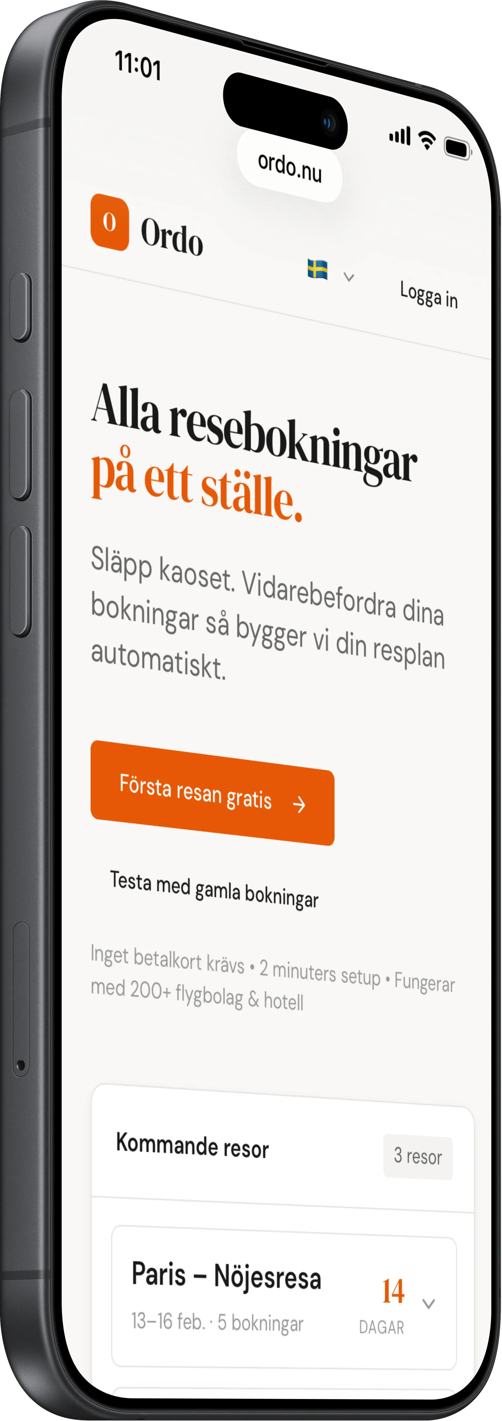 Ordo öppnad på iPhone med kommande resor