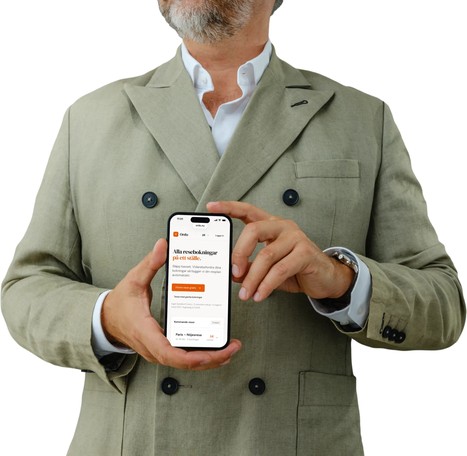 Man i sommarkavaj visar Ordo reseapp – Flighty-alternativ för hela resan